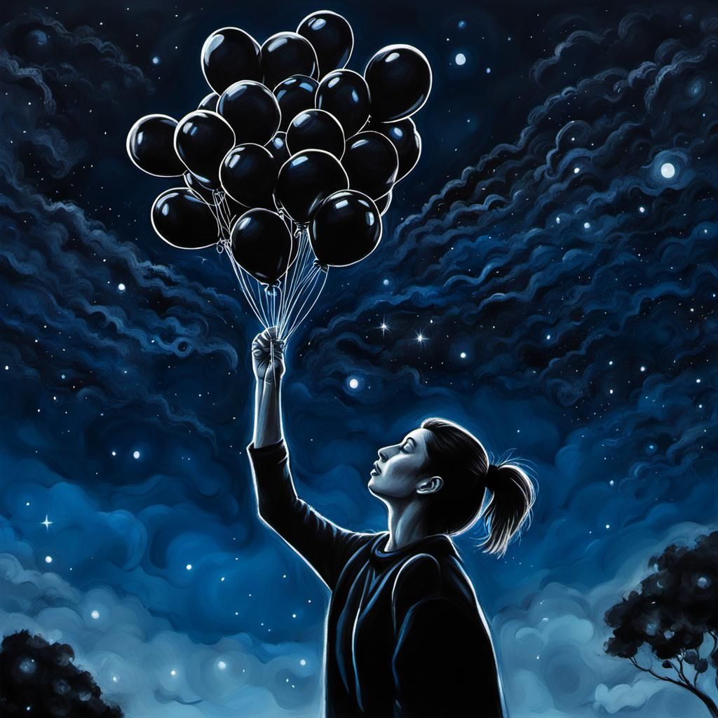 Girl Ascending with Balloons: Charcoal Drawing in Expressive...