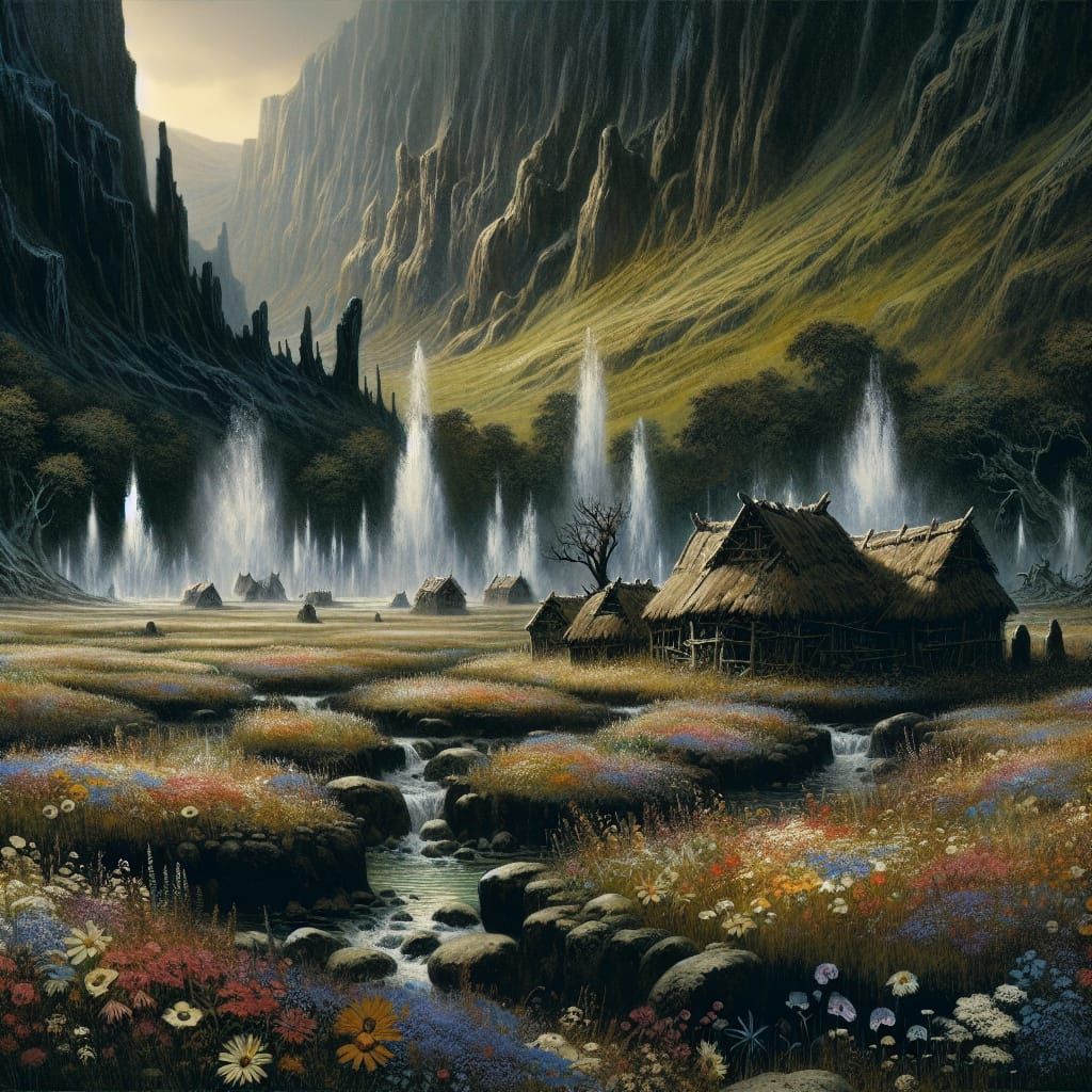Eerie Dark Fantasy Meadow with Geysers