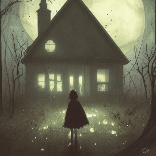 Creepy Abandoned House in Woods at Night, Watercolor Art