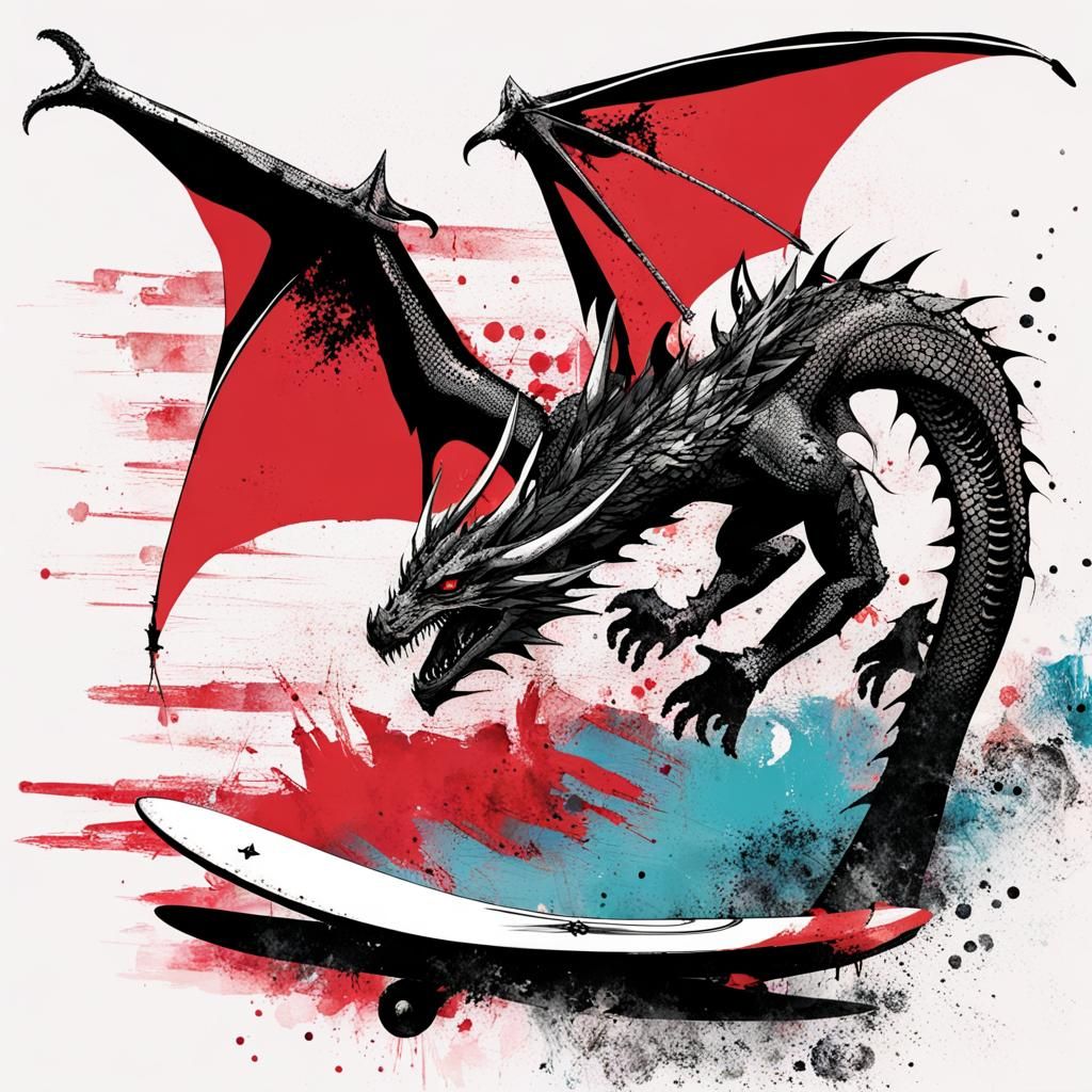 Surfboarding Dragon in Trash Polka Style