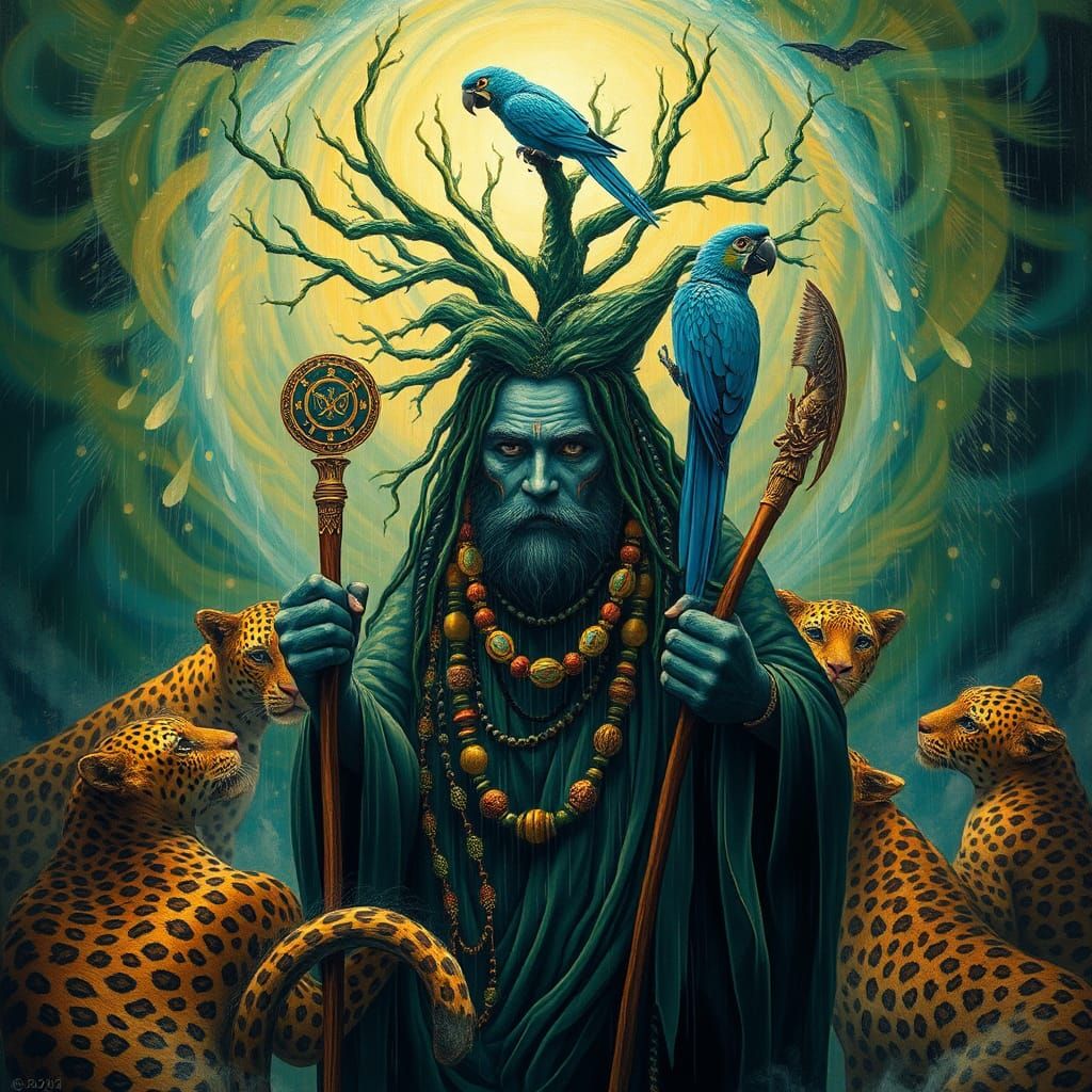 Leopard Shaman in Swirling Rain, Surreal Art