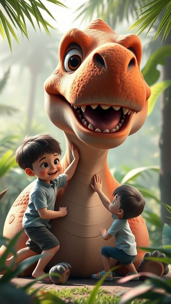 Tiny Boy's Dinosaur Adventure in a Prehistoric Jungle