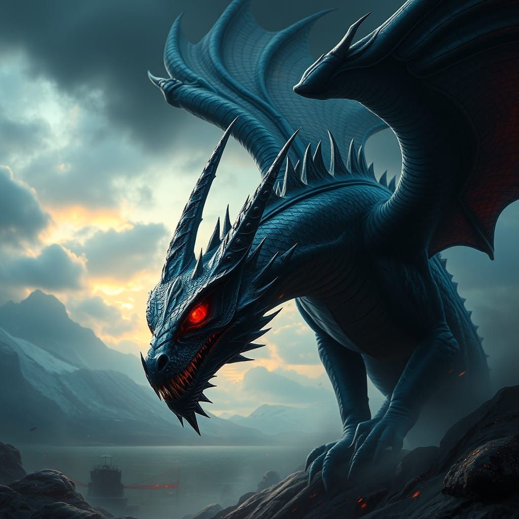 Cruel Dark Blue Hebridean Dragon with Red Eyes