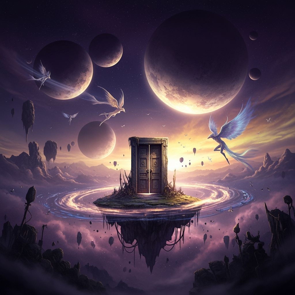 Cosmic Floating Island Door with Planets and Creatures