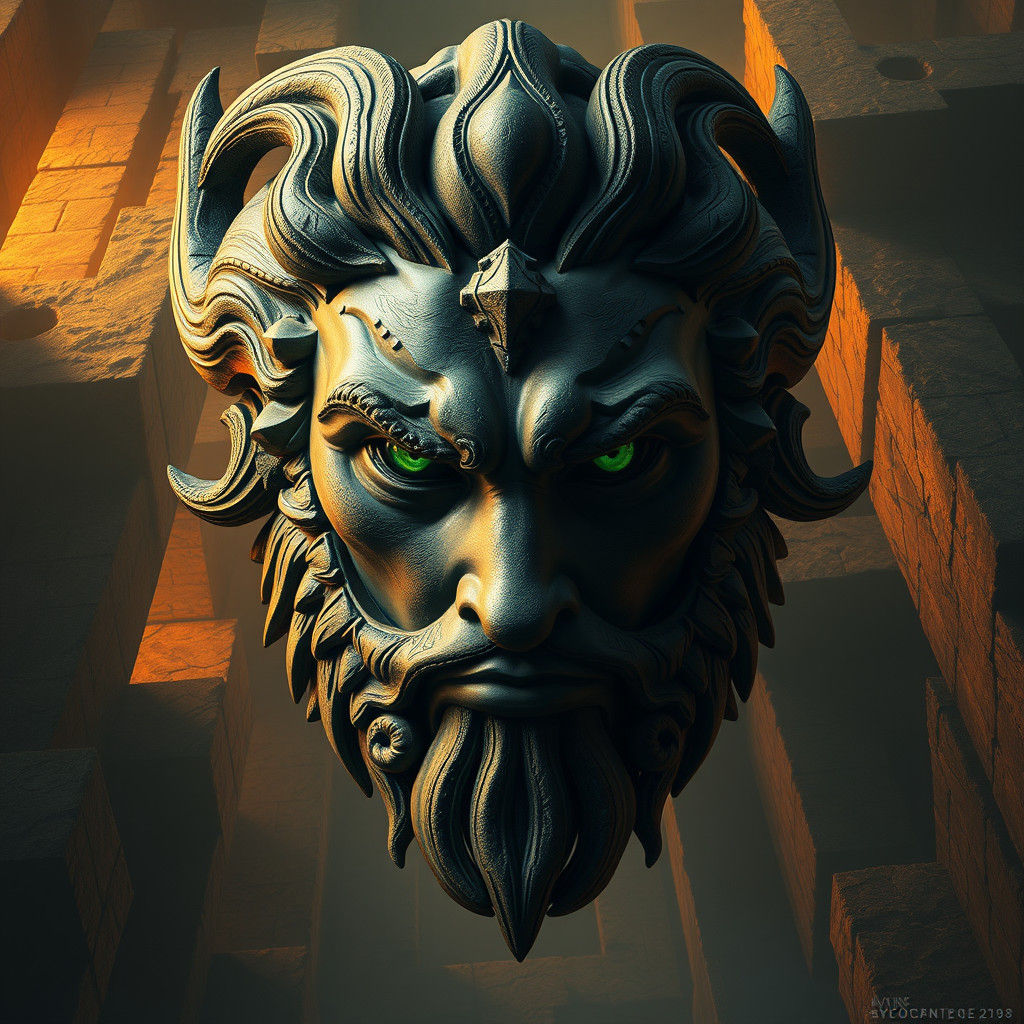 Theseus Head in Stone Maze, Detailed Digital Art