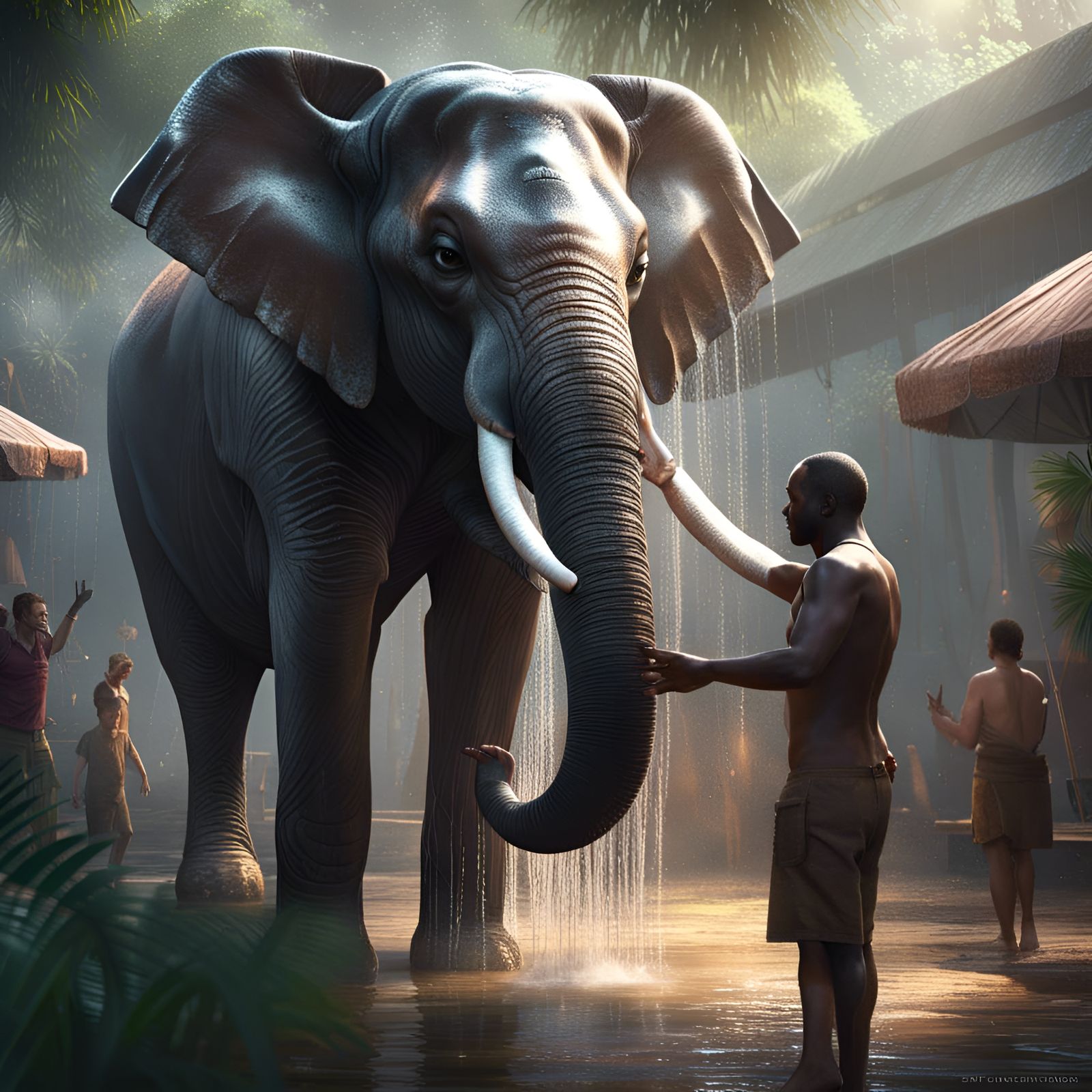 Elephant Showering Person in Jungle: Hyperrealistic Art