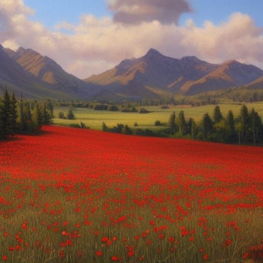 Hyperrealistic Poppy Field Oil Painting by Gurney