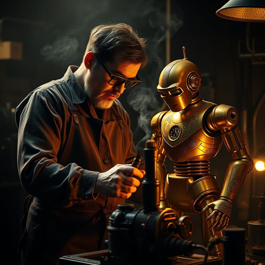 Inventor's Golden Assistant in 1920s Film Noir Workshop