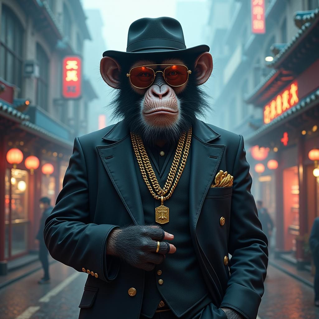 Cyberpunk Gangster Monkey in Futuristic Cityscape