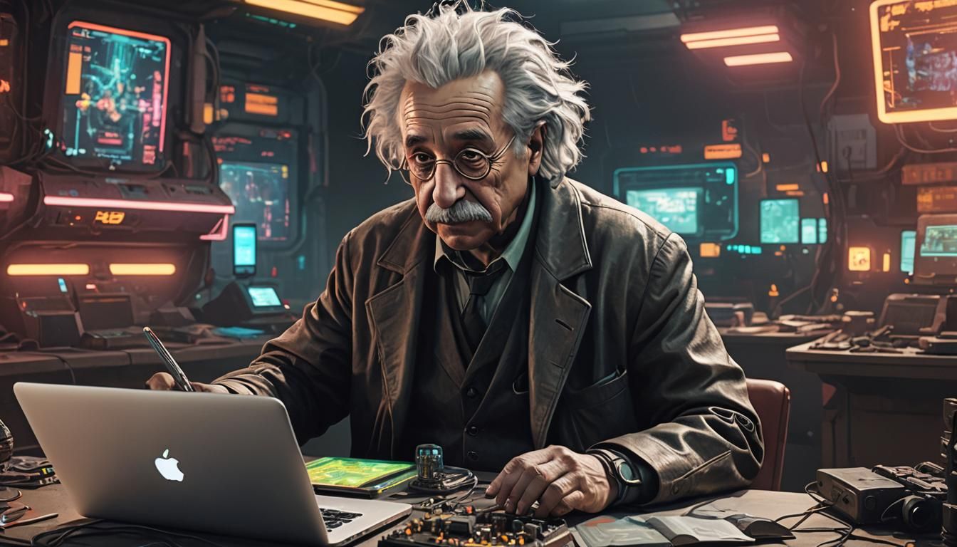 Einstein in Cyberpunk 2099 Using Macbook