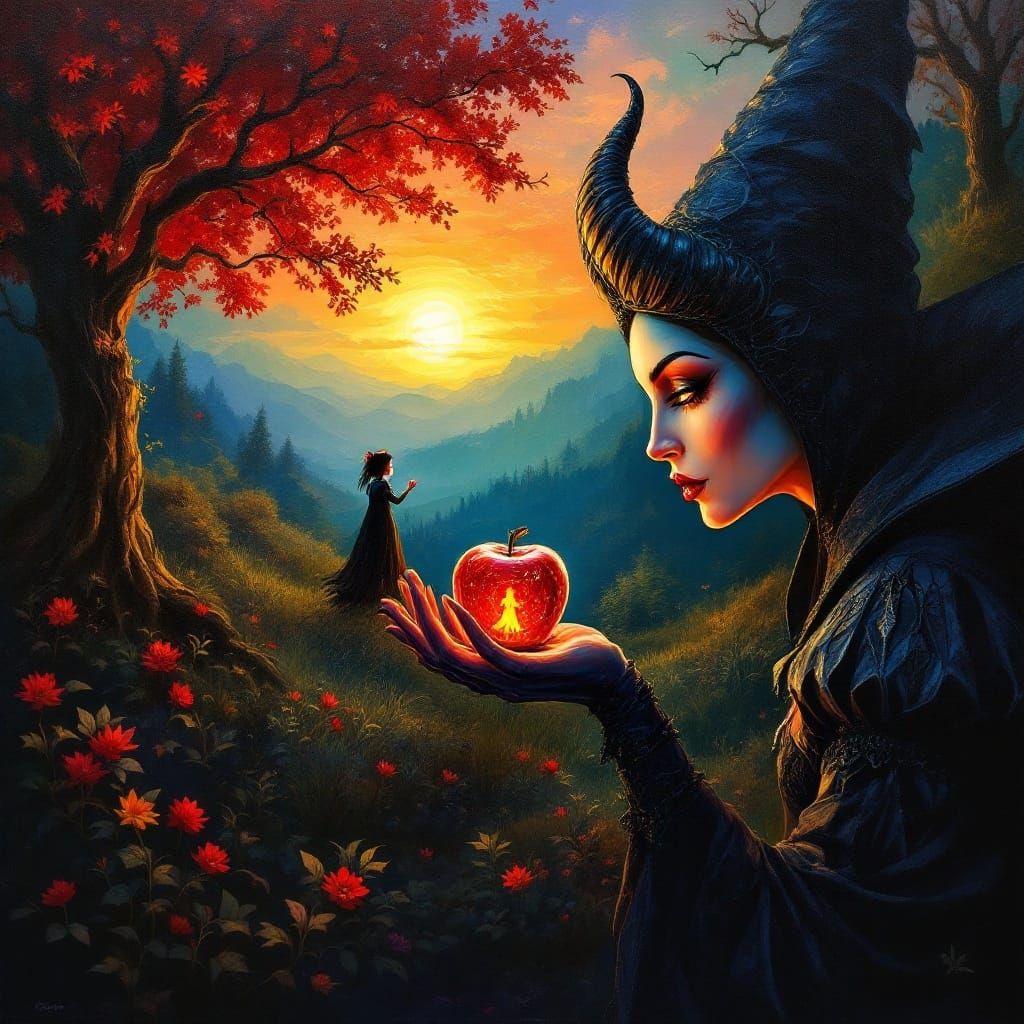 Dark Fantasy Queen Contemplates Tiny Snow White in Crystal A...