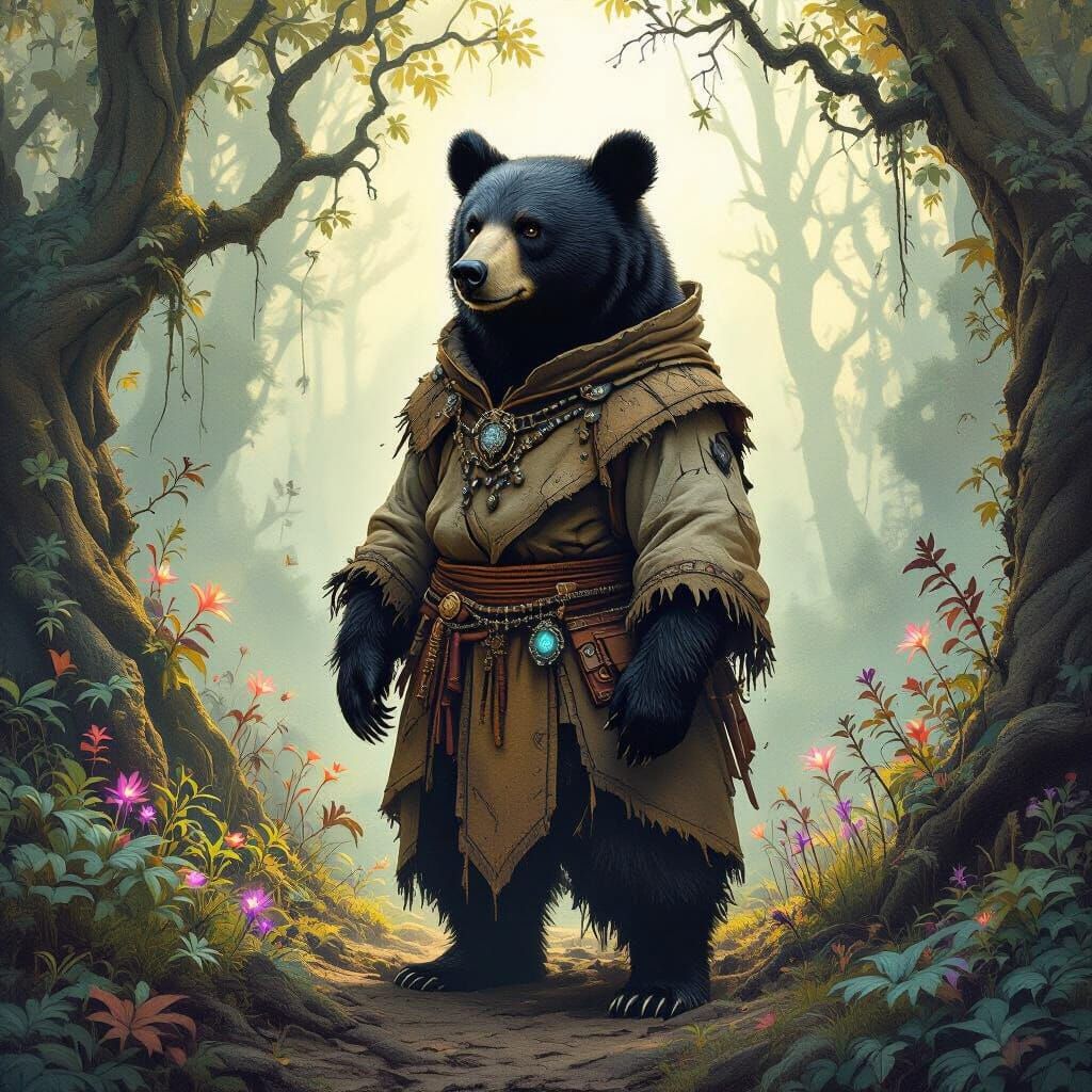 Black Bear in Mystical Forest, Dark Fantasy Concept Art