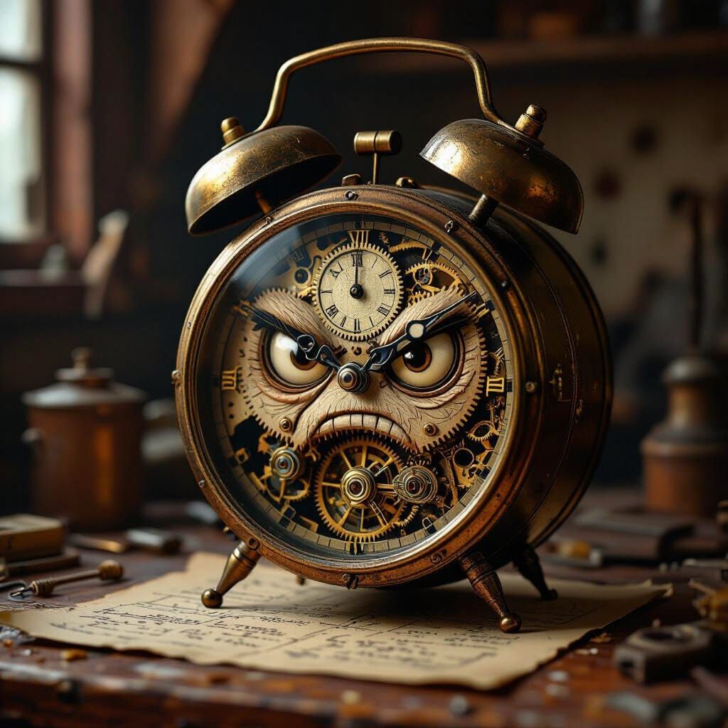 Grumpy Steampunk Alarm Clock on Workshop Bench