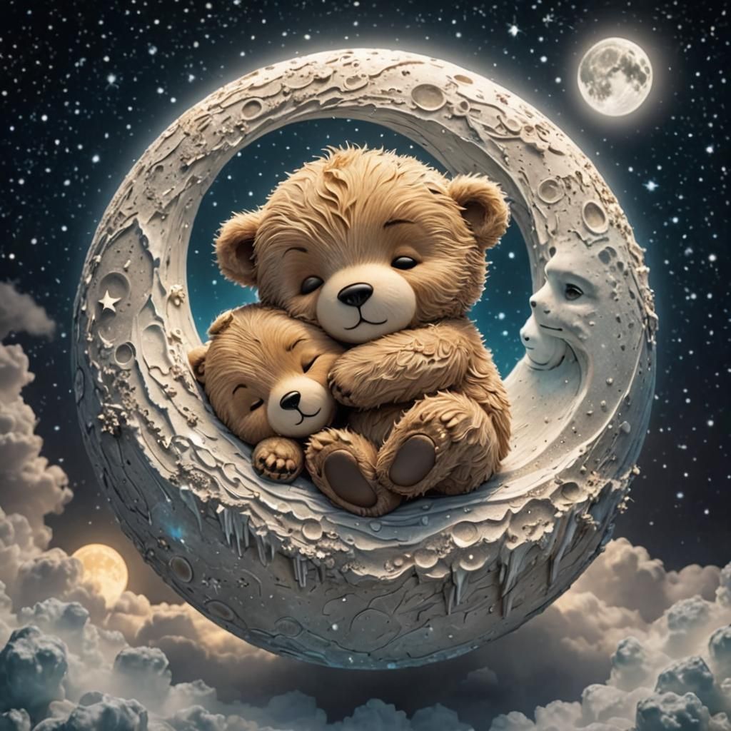 Chibi Fluffy Bear Asleep on Bioluminescent Moon