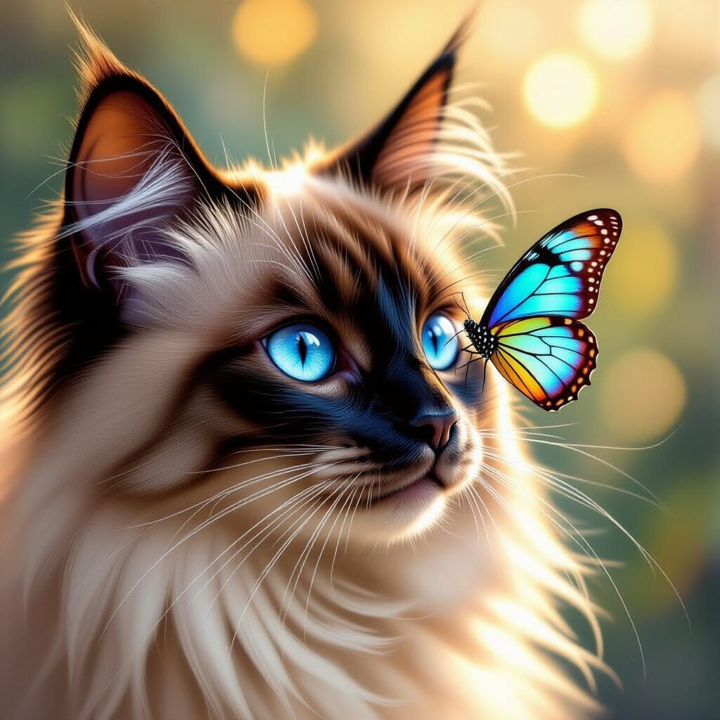 Long-Haired Siamese Cat with Butterfly on Nose