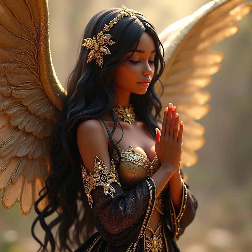 Anime Angel Praying in Gold and Black Lace