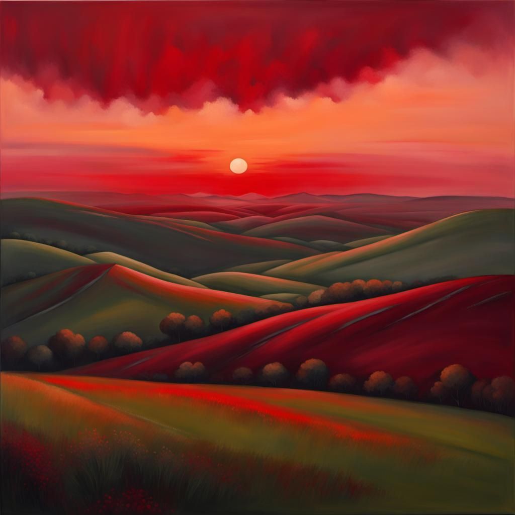 Ruby Red Sunset Over Rolling Hills