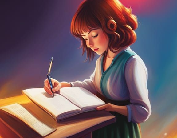 Woman Writing: Triadic Colors, Dreamcore Style