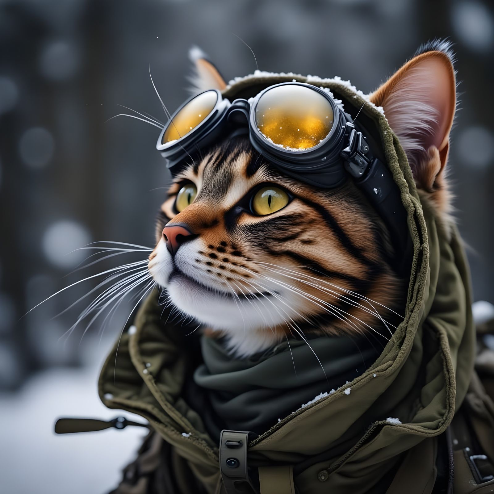 Tabby Cat in Military Gear Gazes Upwards