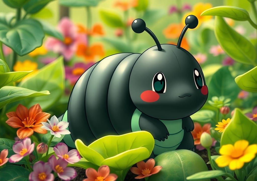 Adorable Caterpillar Pokémon Mascot in Lush Garden