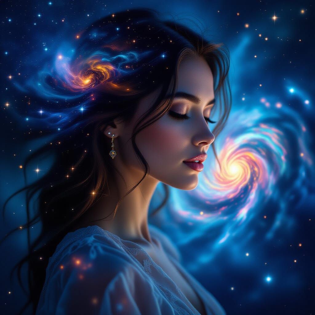 Double Exposure Portrait of Woman Merged With Swirling Galax...