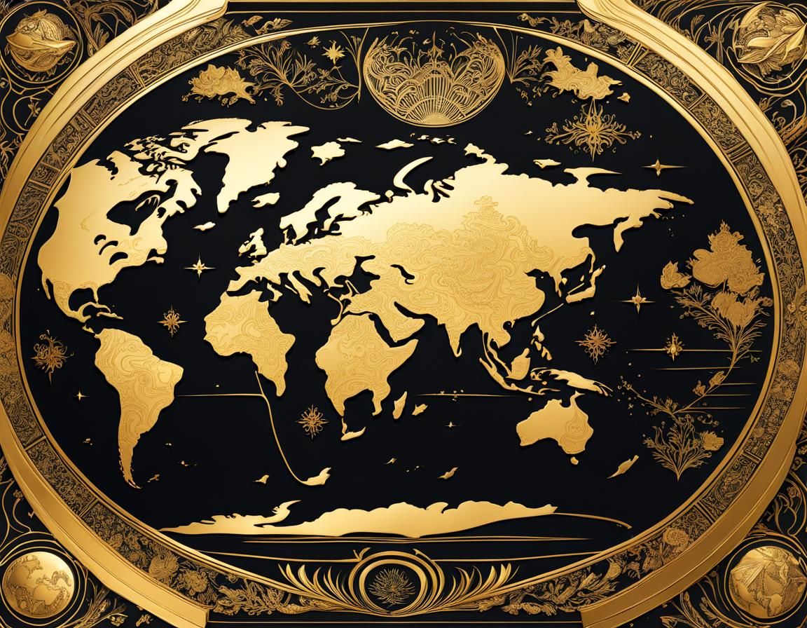 Ornate Gold World Map on Black Silk
