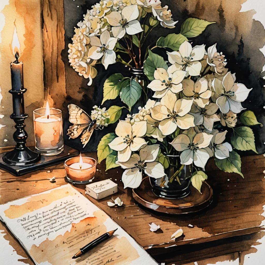 Candlelight Still Life in Expressionist Watercolor Style