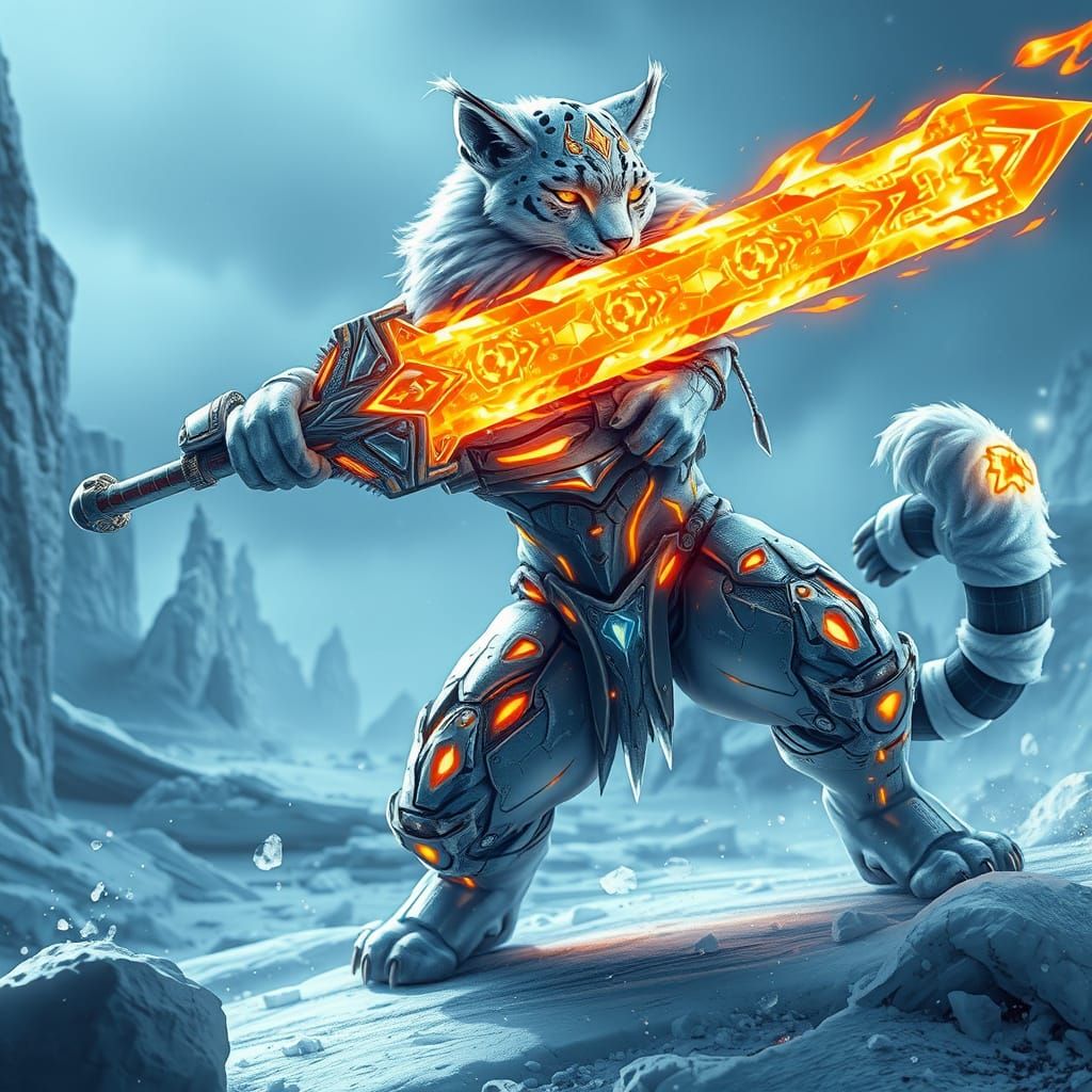 Cyberpunk Snow Leopard Warrior in Icy Elegance