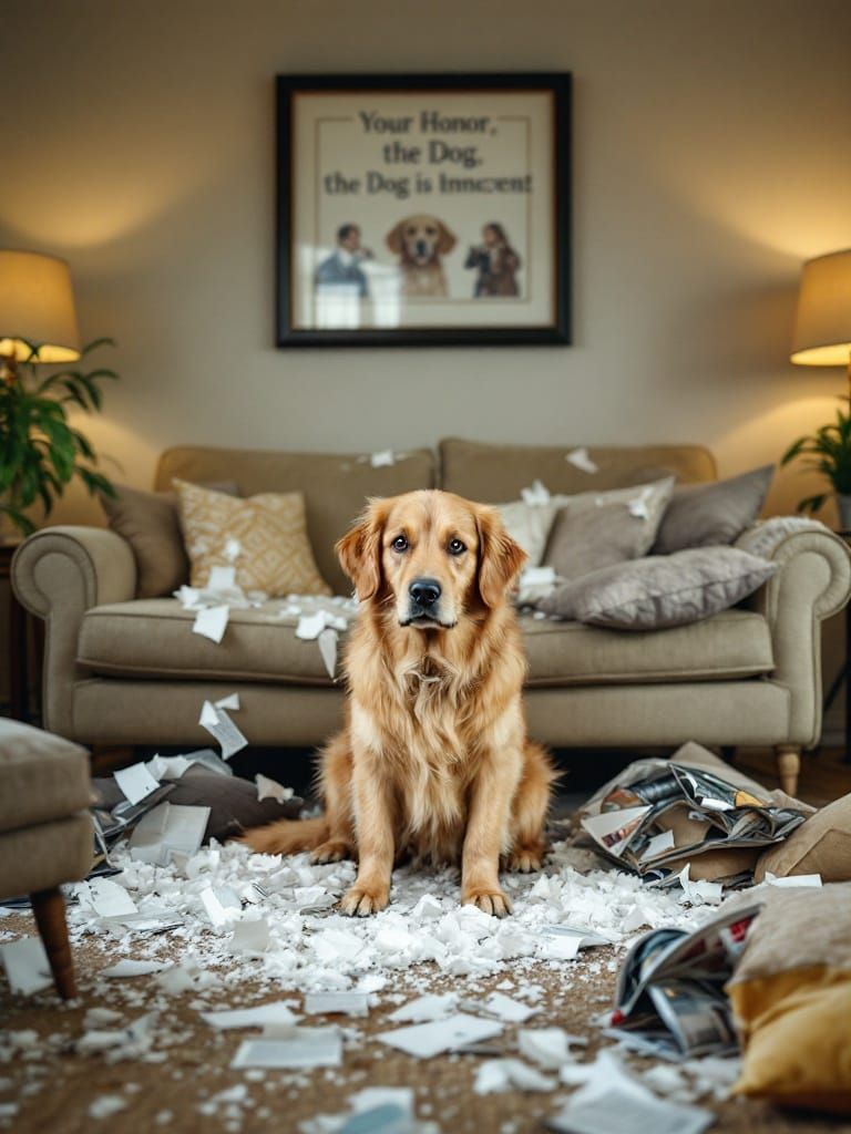 Innocent Golden Retriever Amidst Chaotic Crime Scene