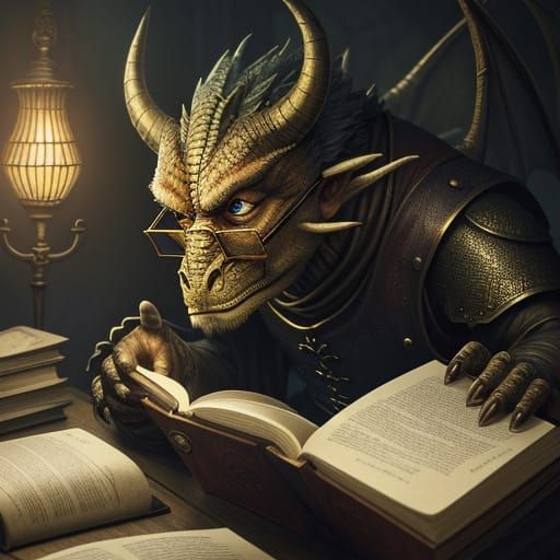 Dragon Reading Book in Library, Fantasy Art