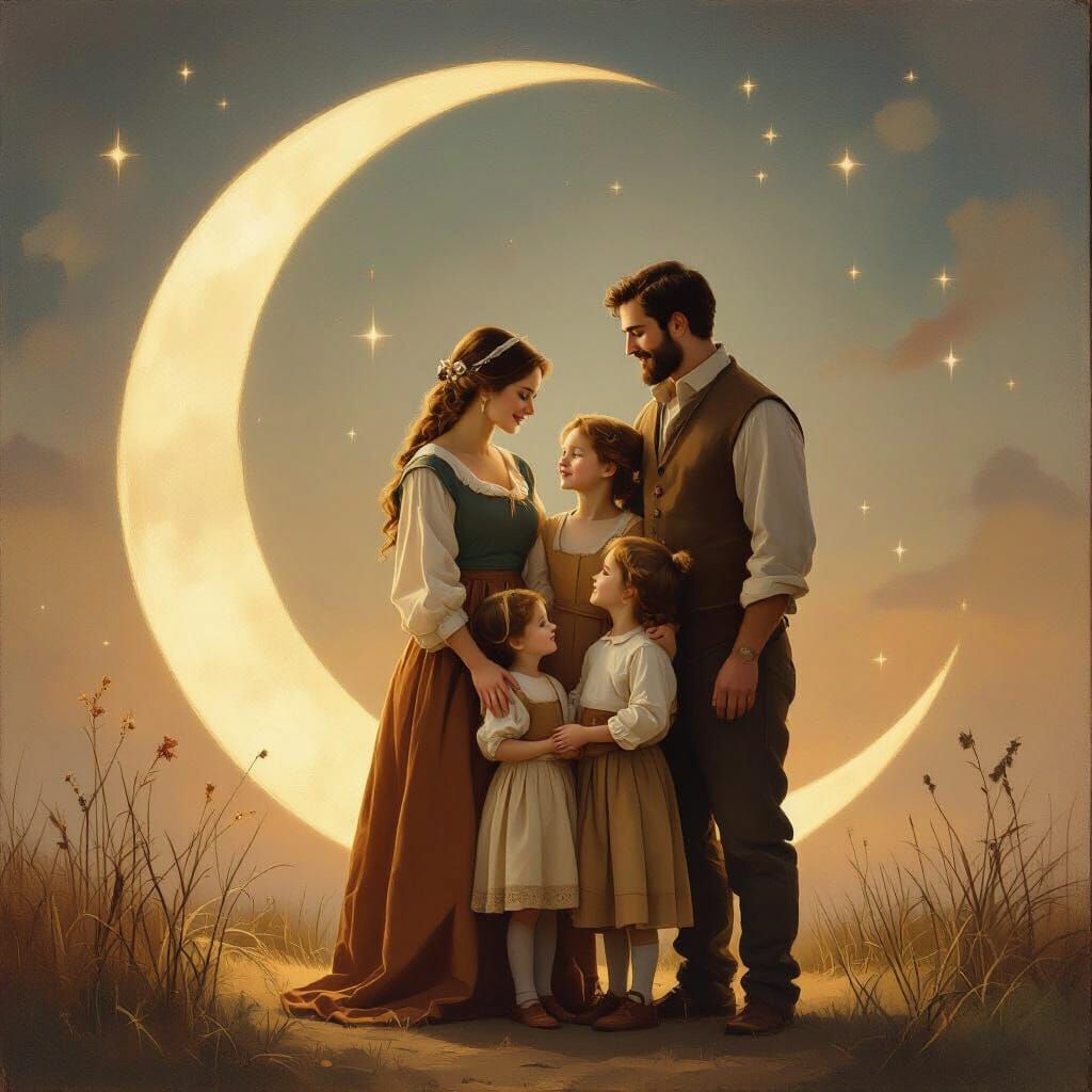 Family Portrait Under a Crescent Moon in Oil Painting Style