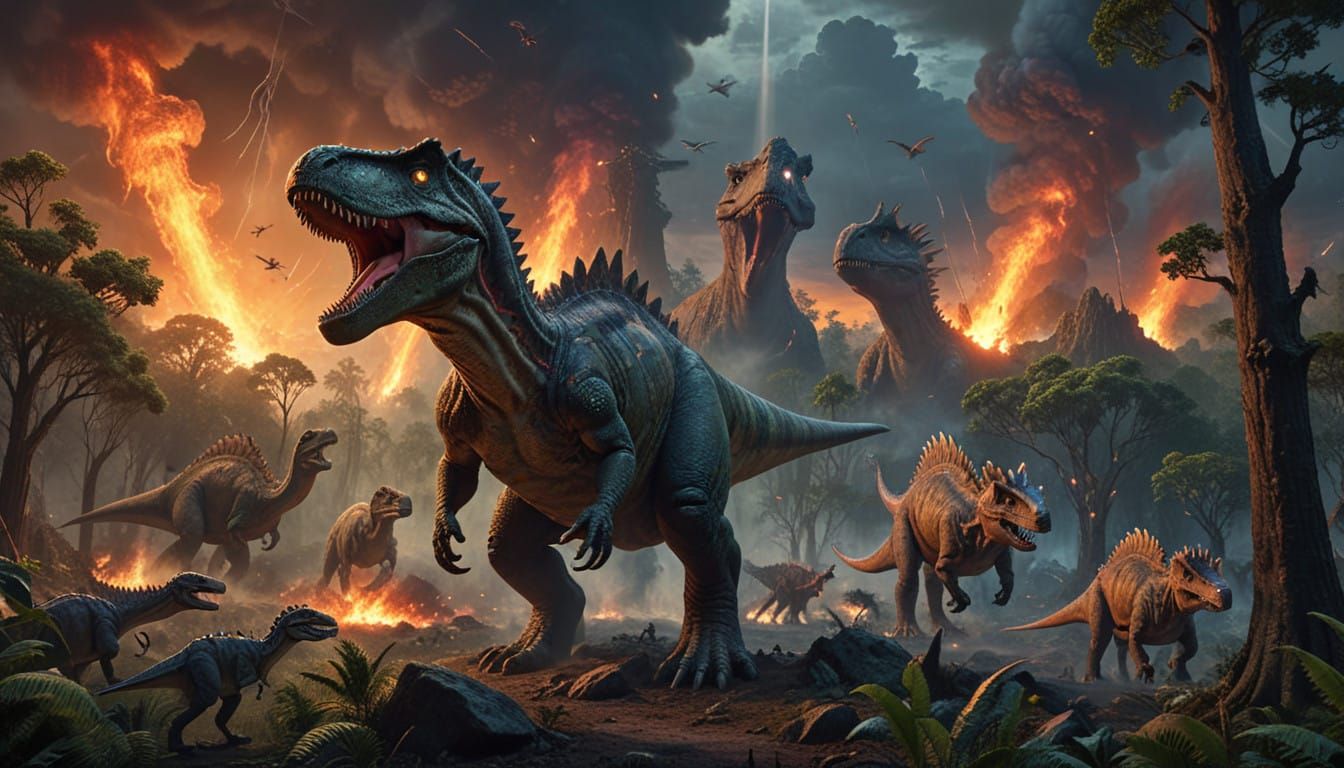 Dinosaurs in a Prehistoric Ancestral Forest Under a Burning....