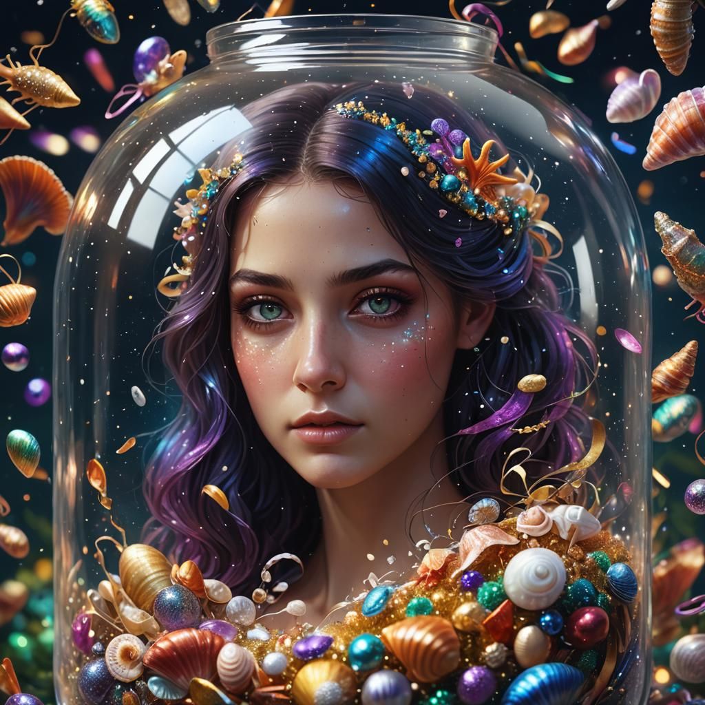 Hyperrealistic Woman with Stardust and Seashells