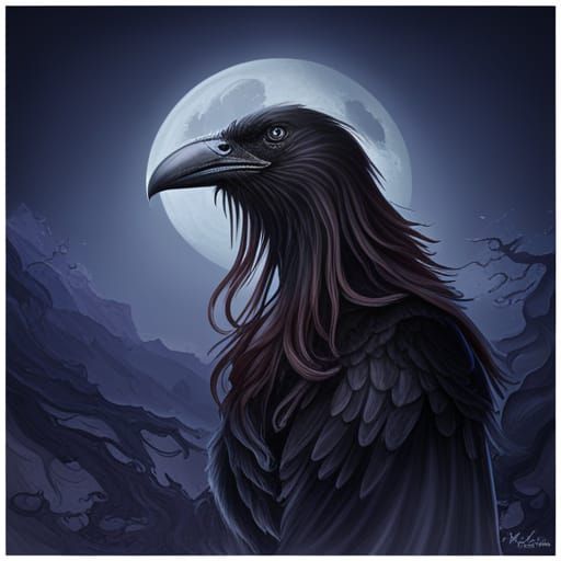 Gothic Horror Raven Portrait under Full Moon