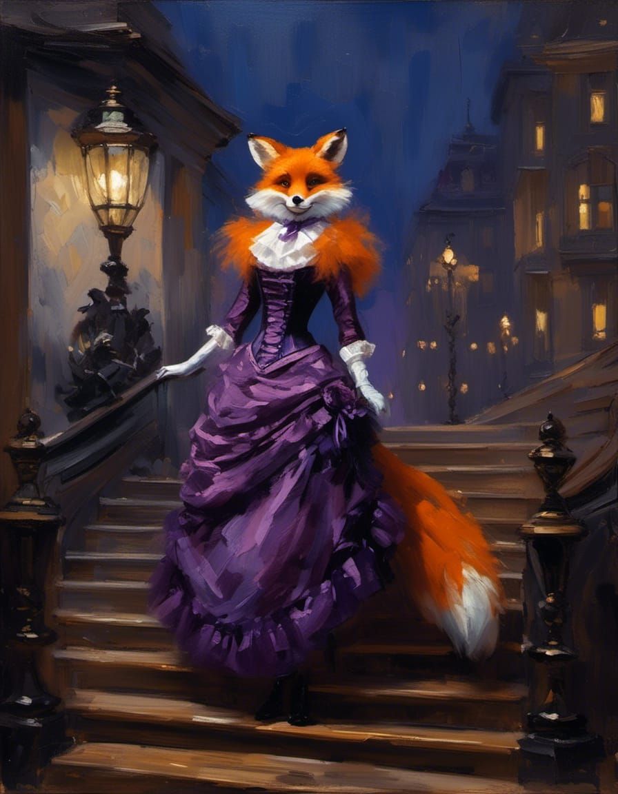 Furry Fox in Purple Dress on Grand Staircase