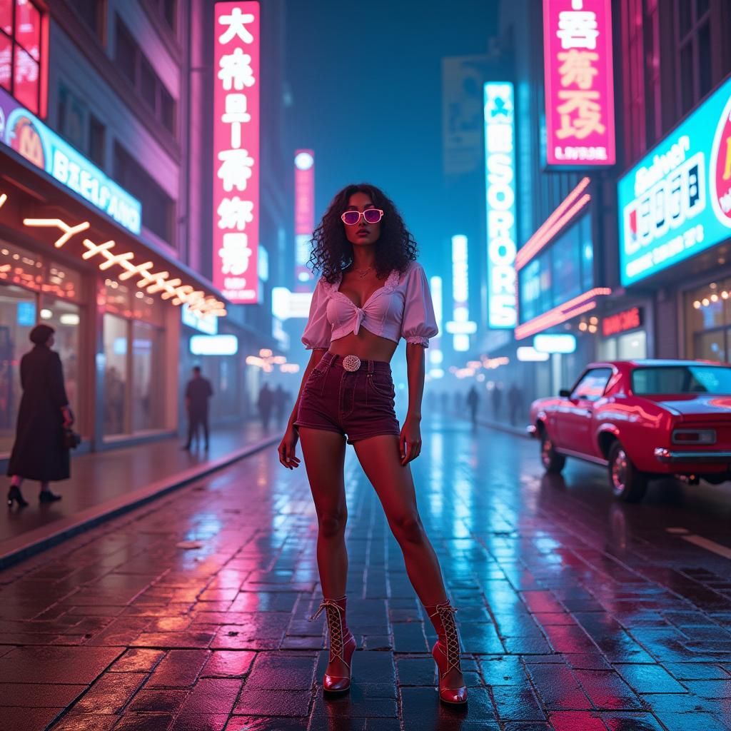 Woman in Neon Cityscape as Retro-Futuristic Art