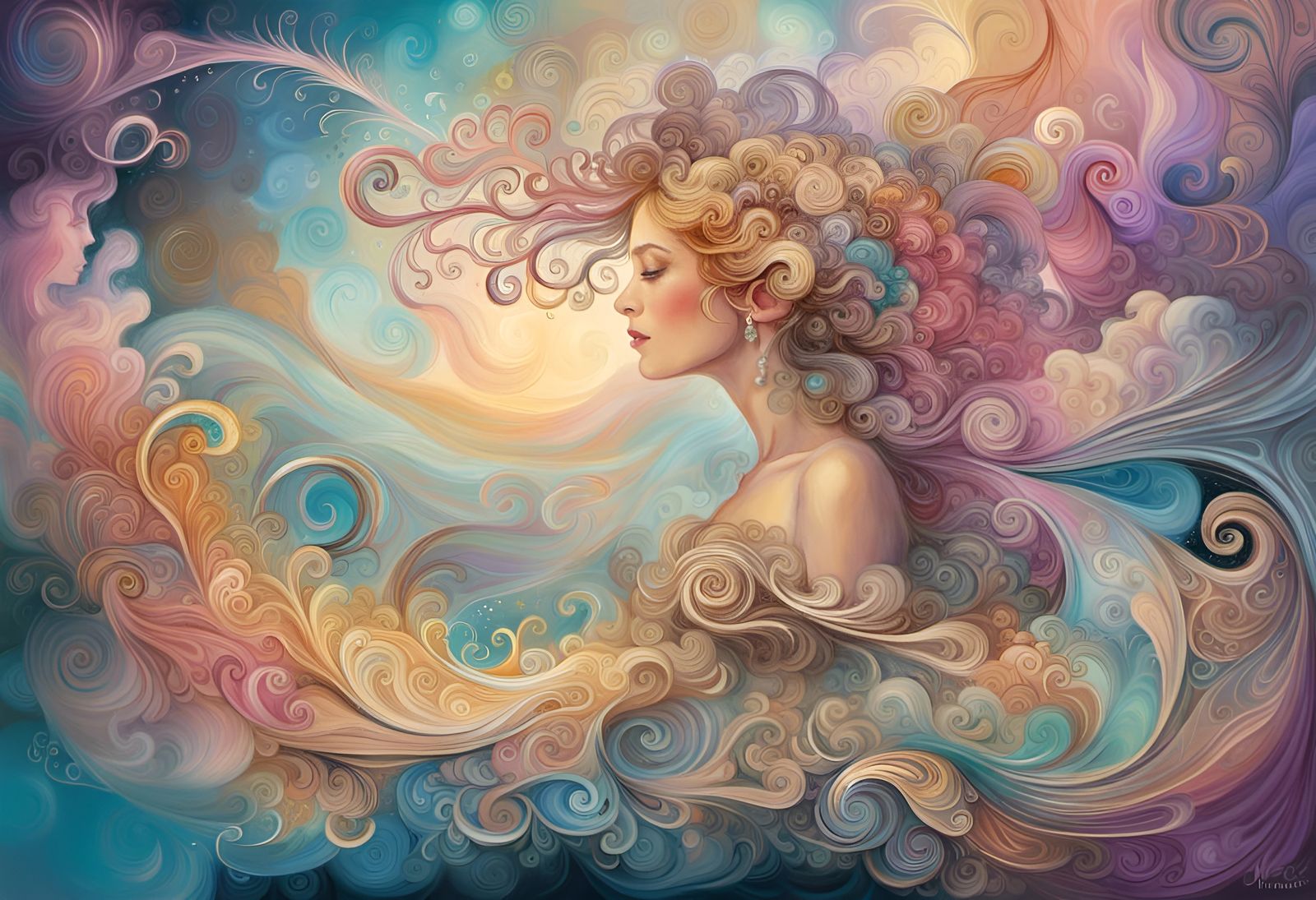 Magical Swirling Cloud Dreams in Gold and Teal