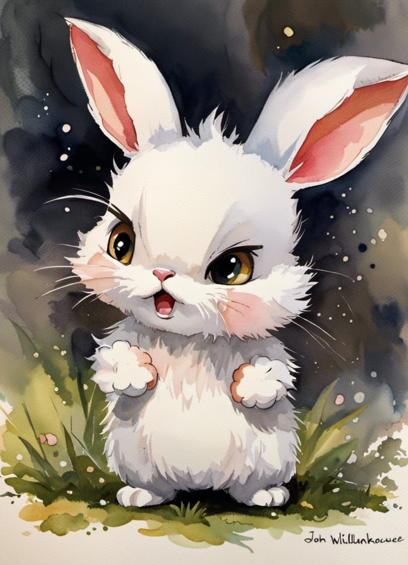 Angry Chibi Bunny Watercolor Painting