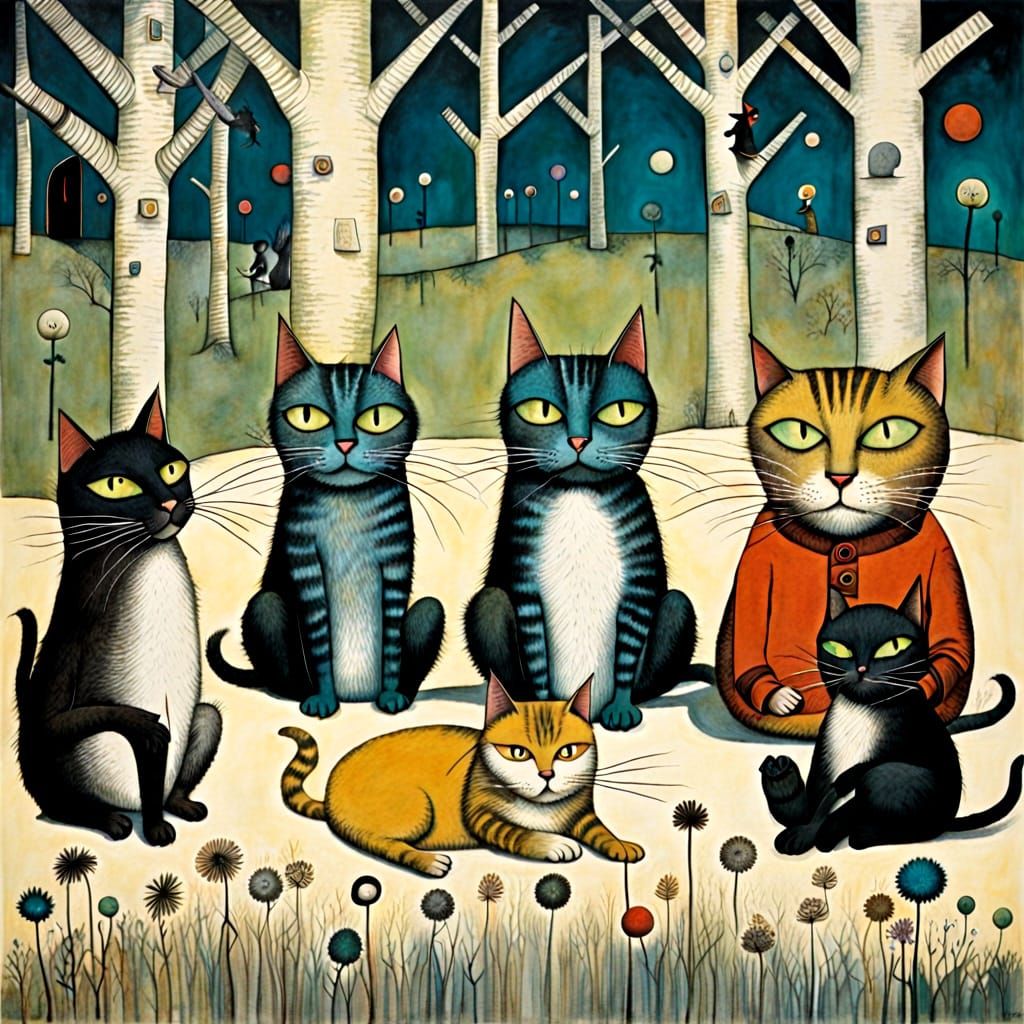 Whimsical Cat Tribe Gathering in Artistic Styles