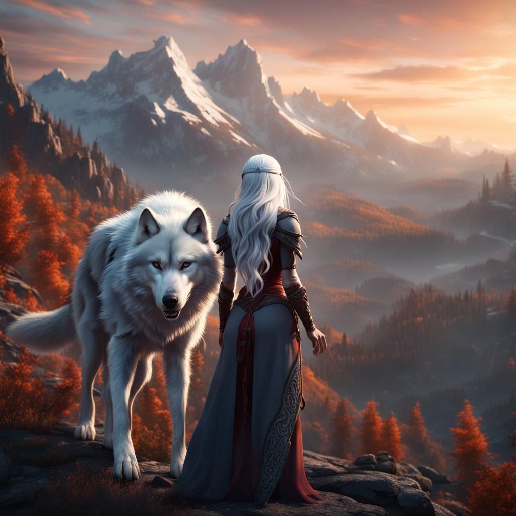 Woman and Wolf at Sunrise: Fantasy Matte Painting