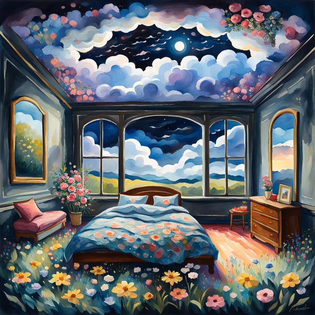 Floral Meadow Bedroom in Gouache Watercolor Style