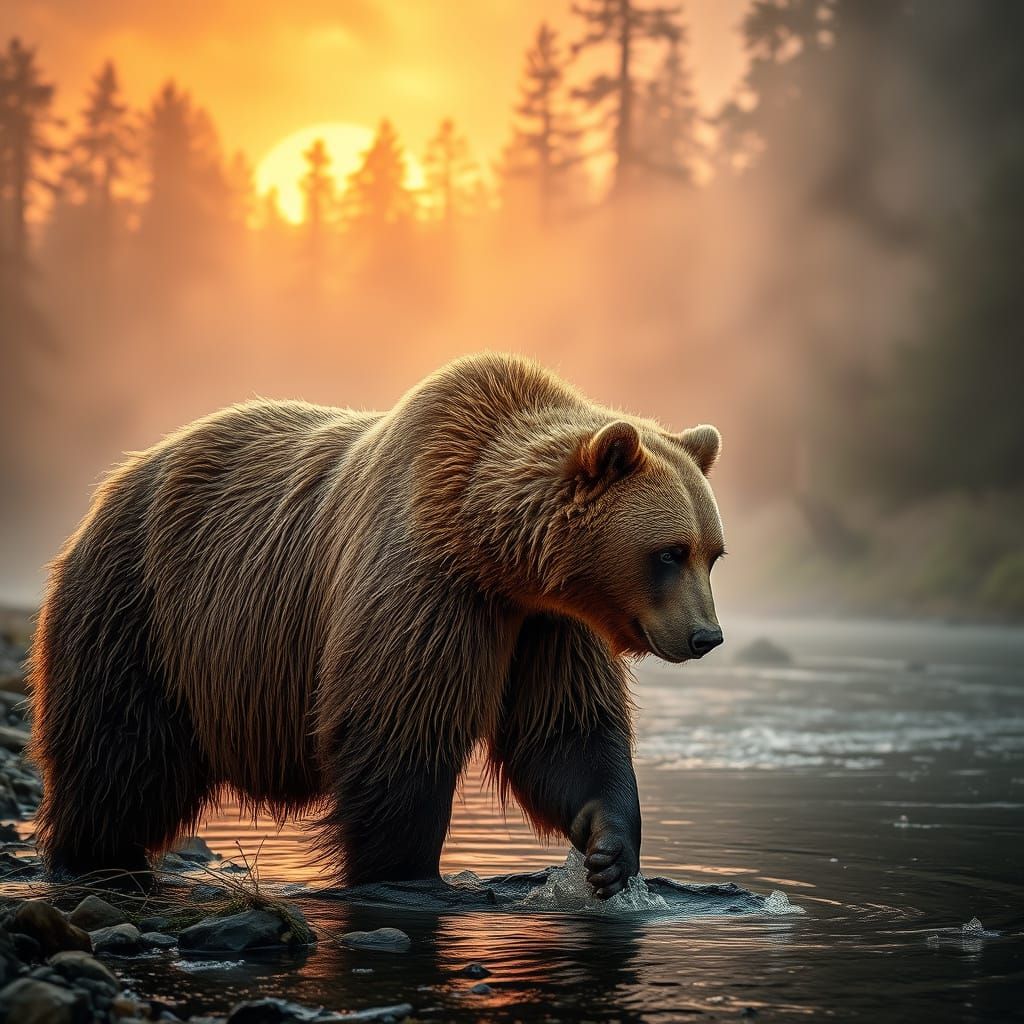 Brown Bear at River's Edge in Cinematic HDR