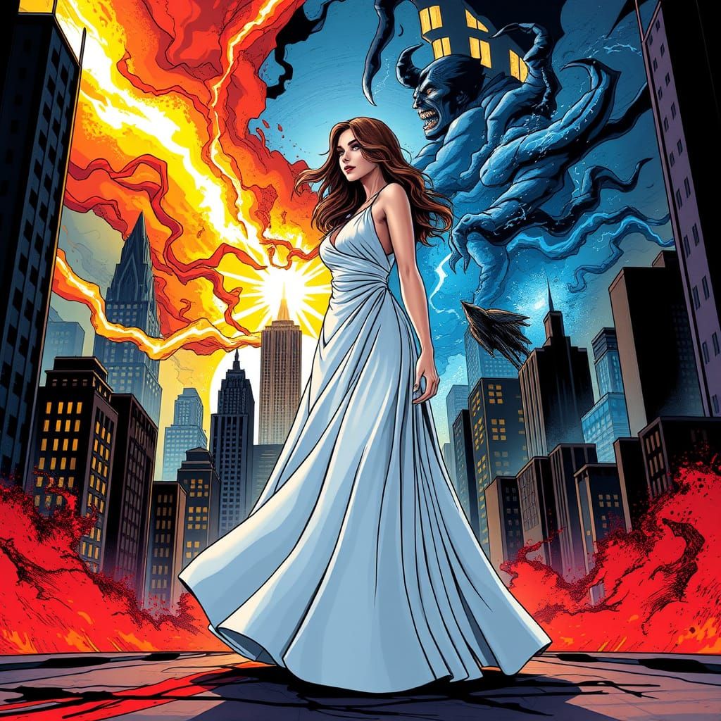 Woman Witnesses Good vs Evil in Comic Book Style