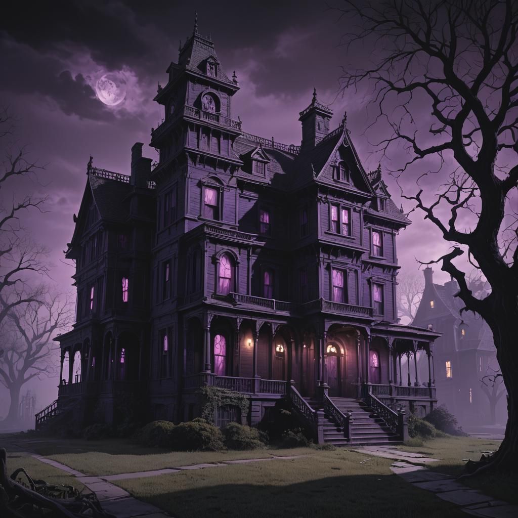 A decrepit haunted mansion draped in dark shadows. The pitch...