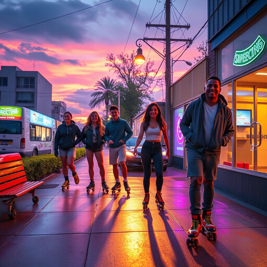 Smiling People Roller-Skating: Surreal Colorful Art