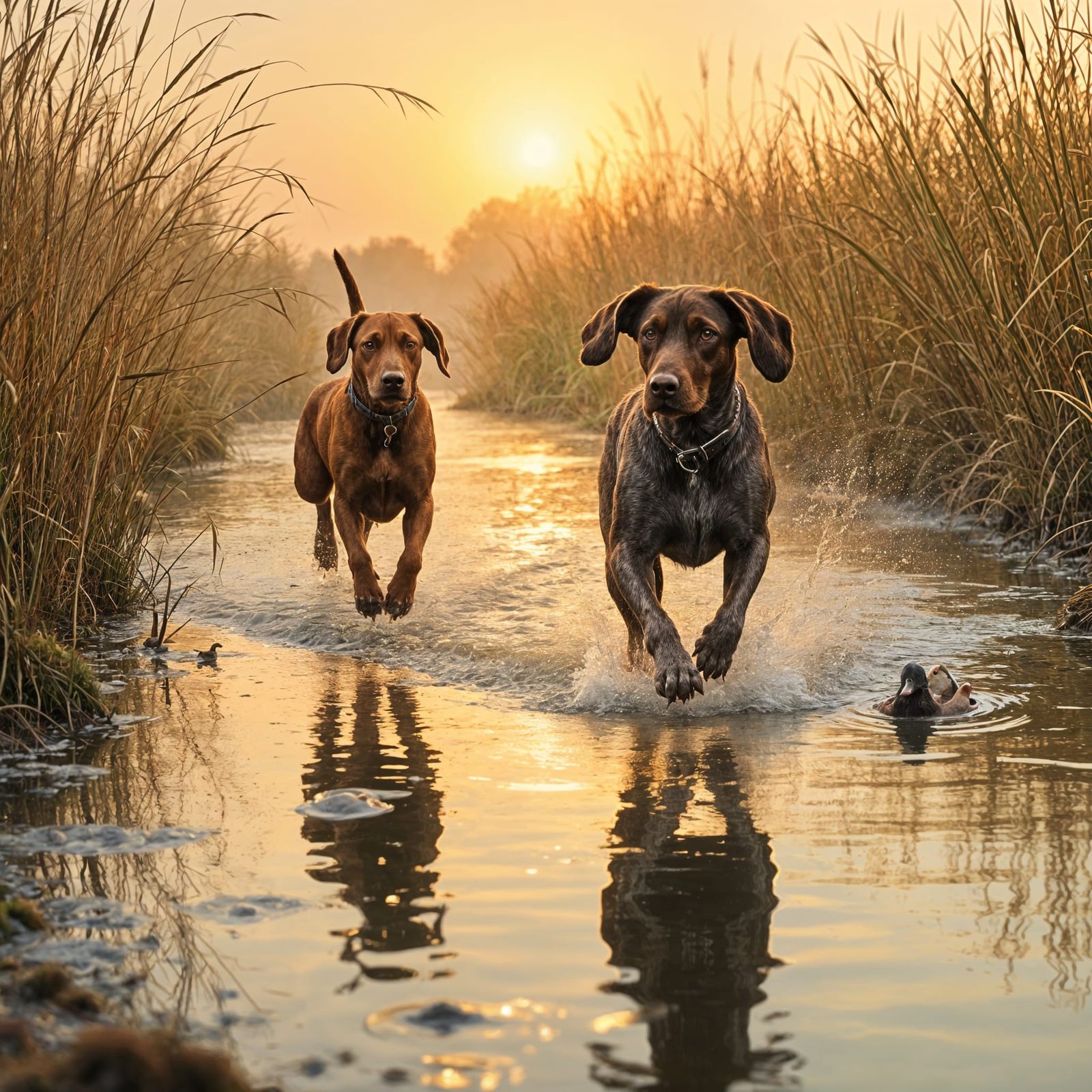 German Pointer and Vizsla Duck Hunt at Dawn