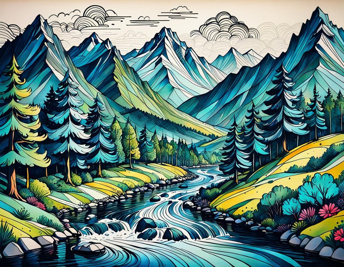 Whimsical Doodle Landscape in Maximalist Ink Style