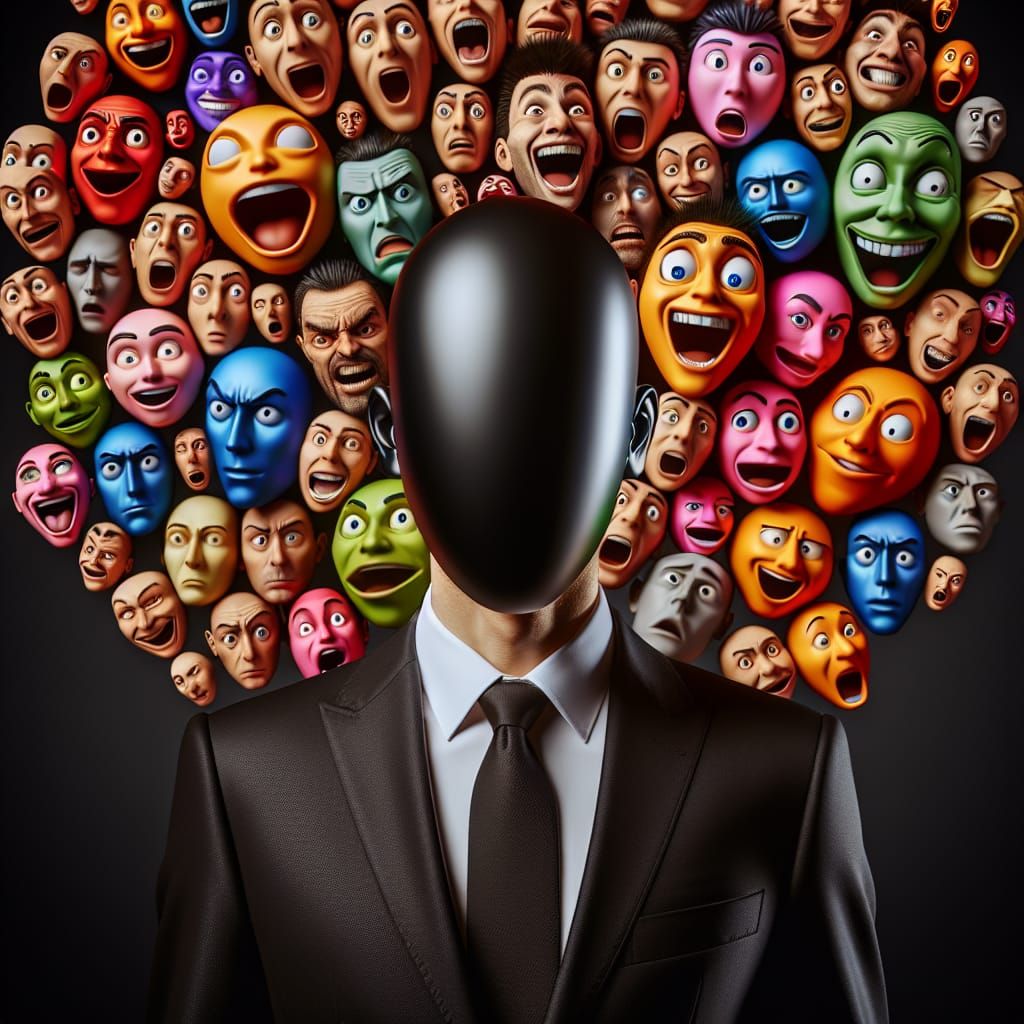 Emotional Faces Encircling a Mysterious Figure