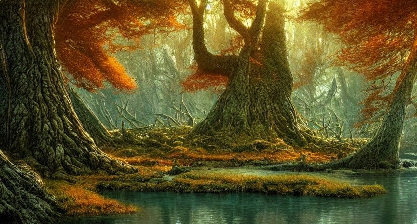 Epic Fantasy Island in Autumn River Landscape