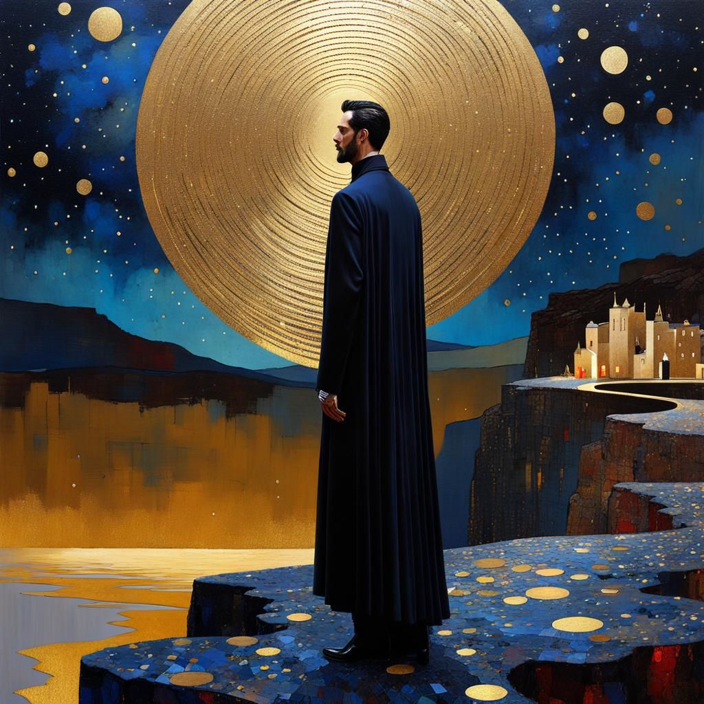 Surreal Starry Night Painting with Gold Details